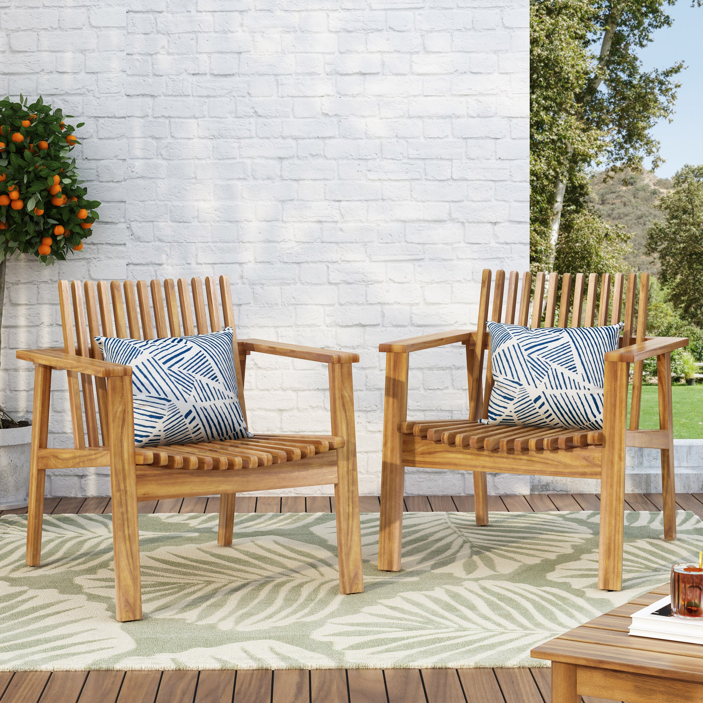 Outdoor Acacia Wood Slatted Club Chairs, Set of 2, Teak finish, Acacia Wood, 30"D x 28"W x 30.75"H--1