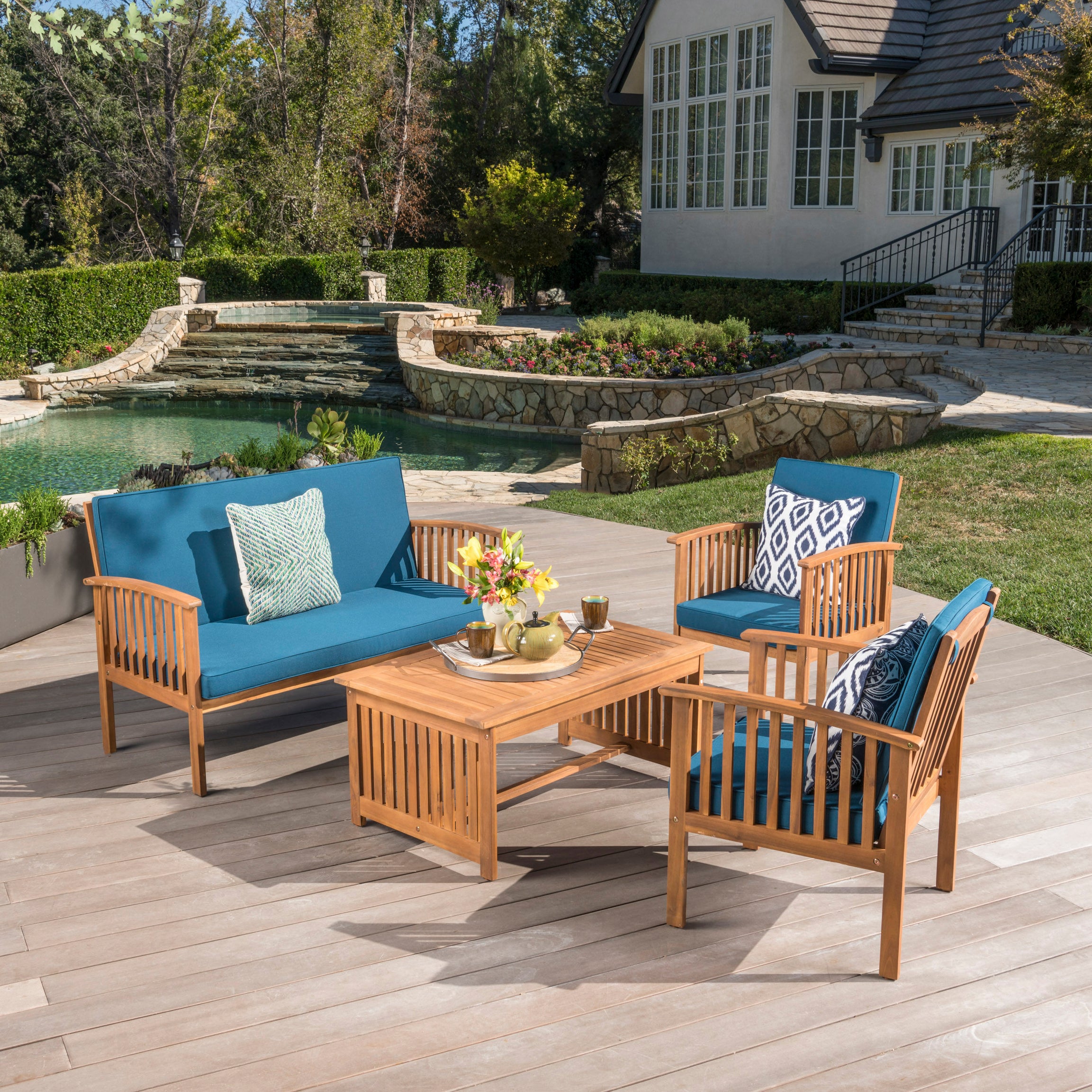 Outdoor Acacia Wood Sofa Set with Water Resistant Cushions, 4-Pcs Set, Brown Patina / Teal Blue--1