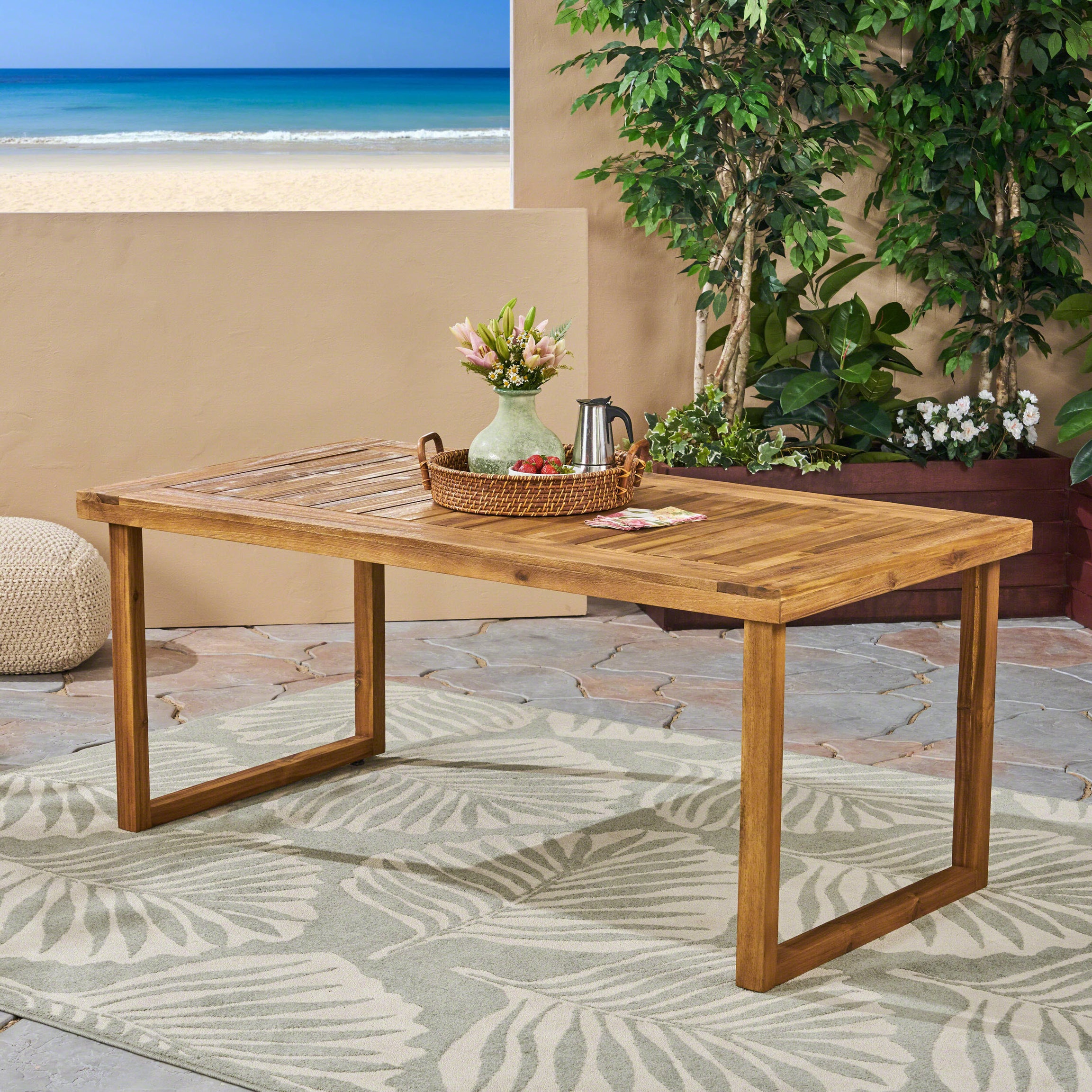 Outdoor 69" Acacia Wood Dining Table, Sandblast Natural Finish--1