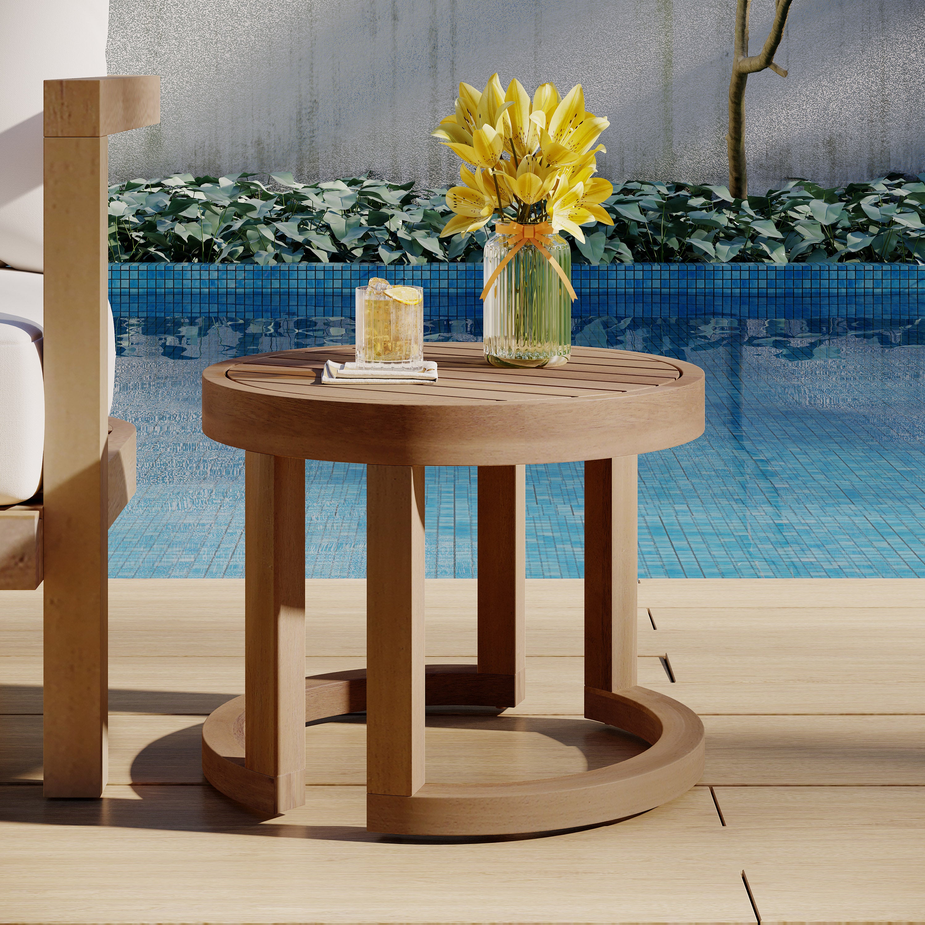 Outdoor Acacia Wood Side Table, 18" Solid Side Table for Patio, Pool, Porch ( Brown Wash)--1