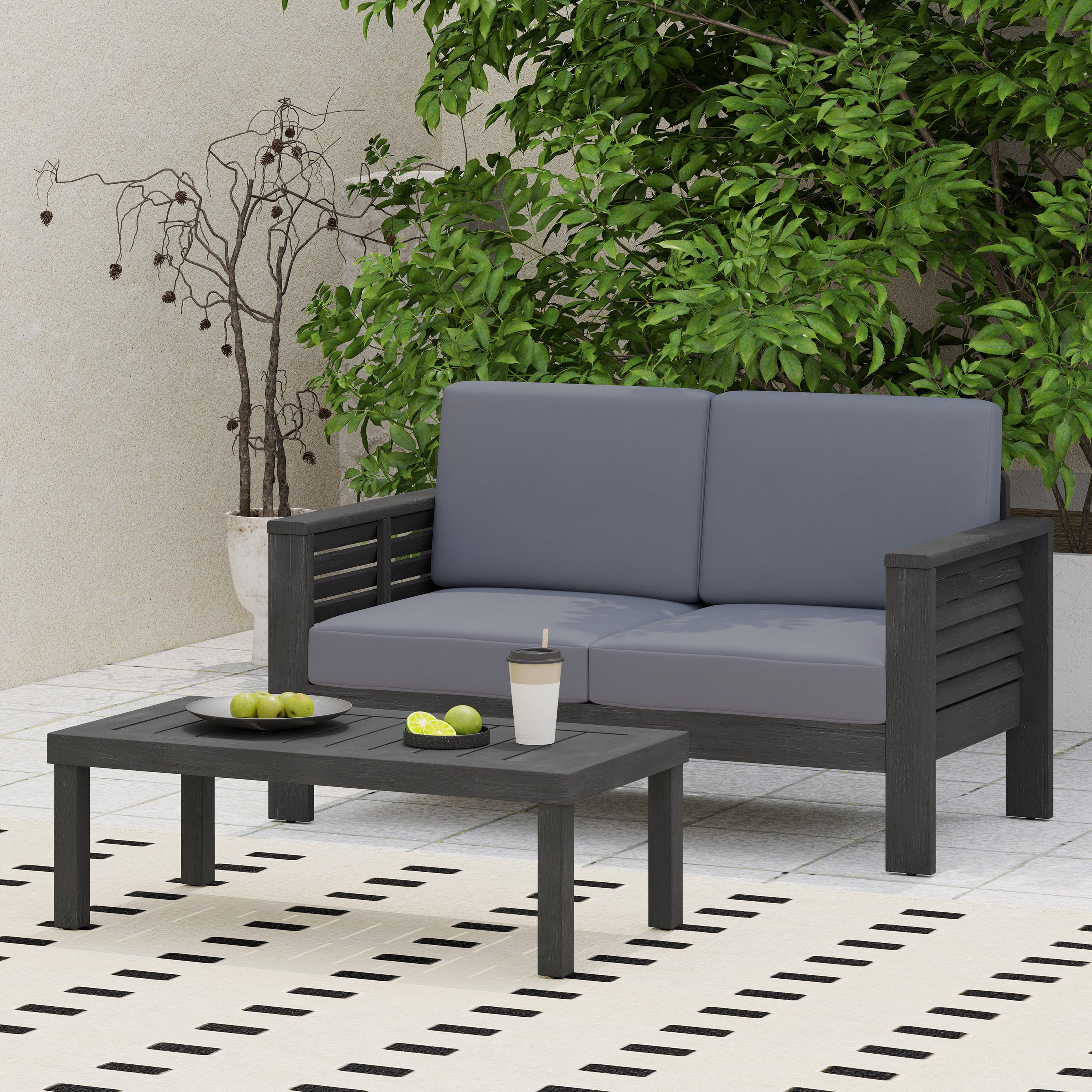 Acacia Wood Outdoor Loveseat and Coffee Table Set with Cushions, Dark Gray--1