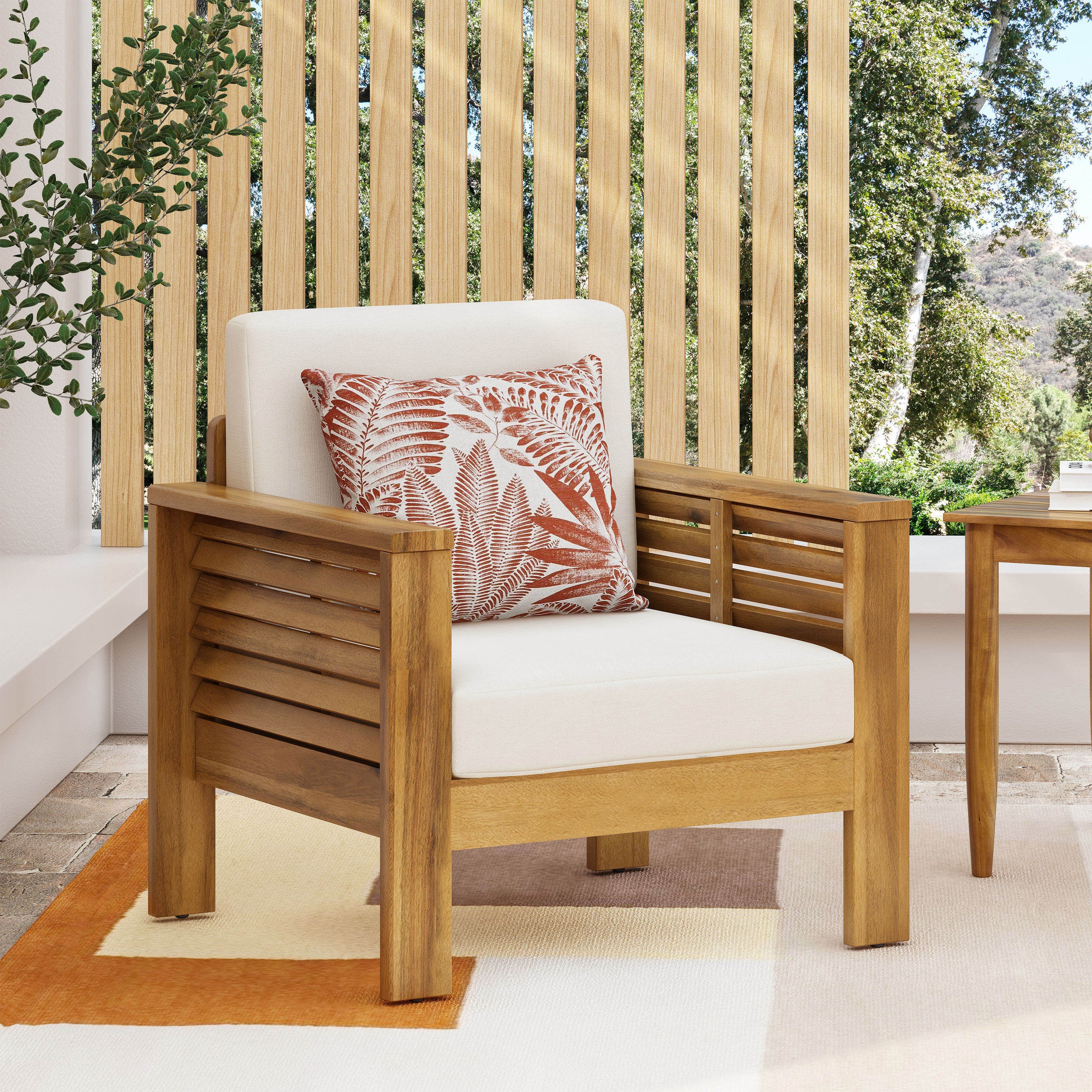 Outdoor Acacia Wood Club Chairs with Cushions, Teak+Beige, 27.75"D x 32"W x 27.75"H--1