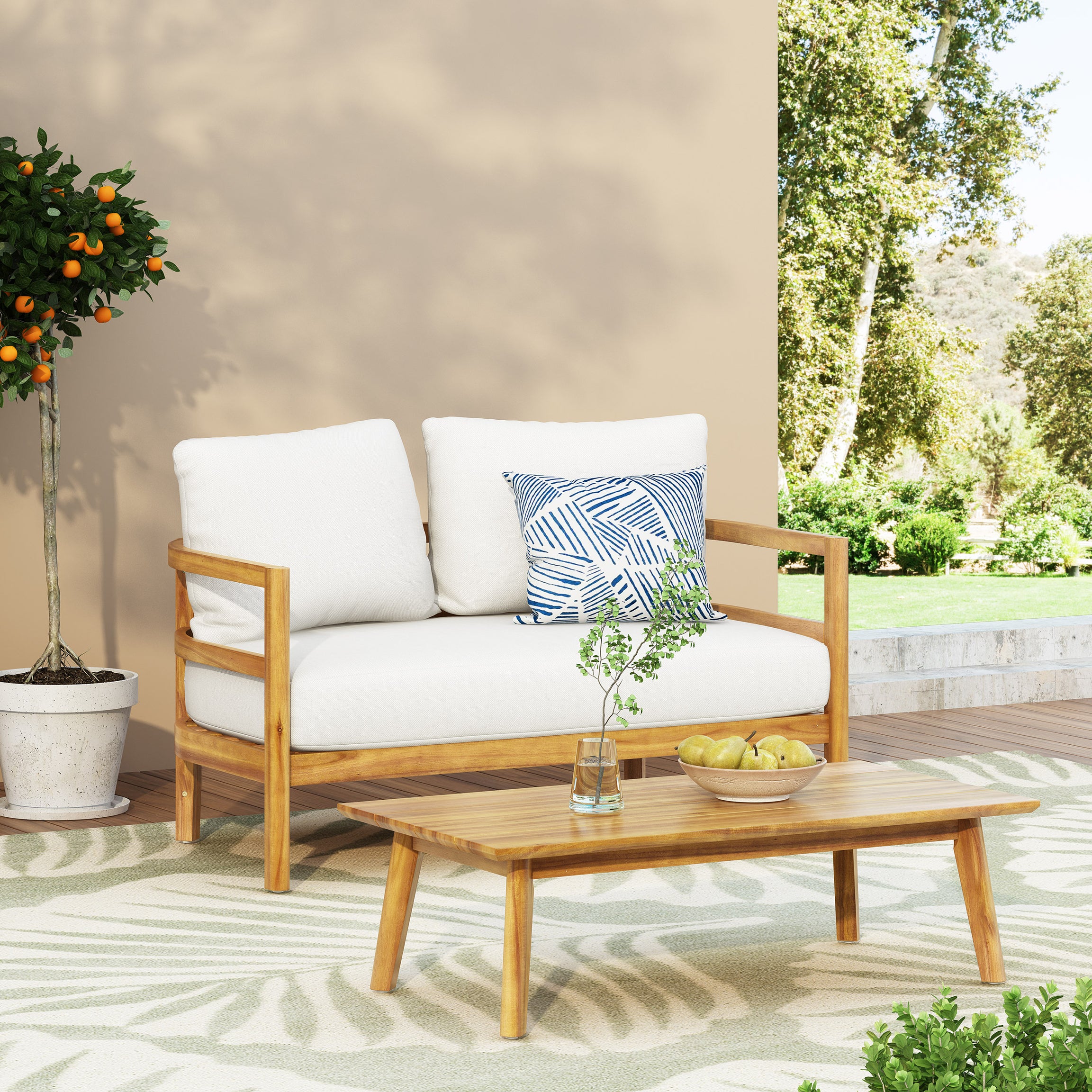 Outdoor Acacia Wood Loveseat and Coffee Table Set with Cushions, Teak and White--1