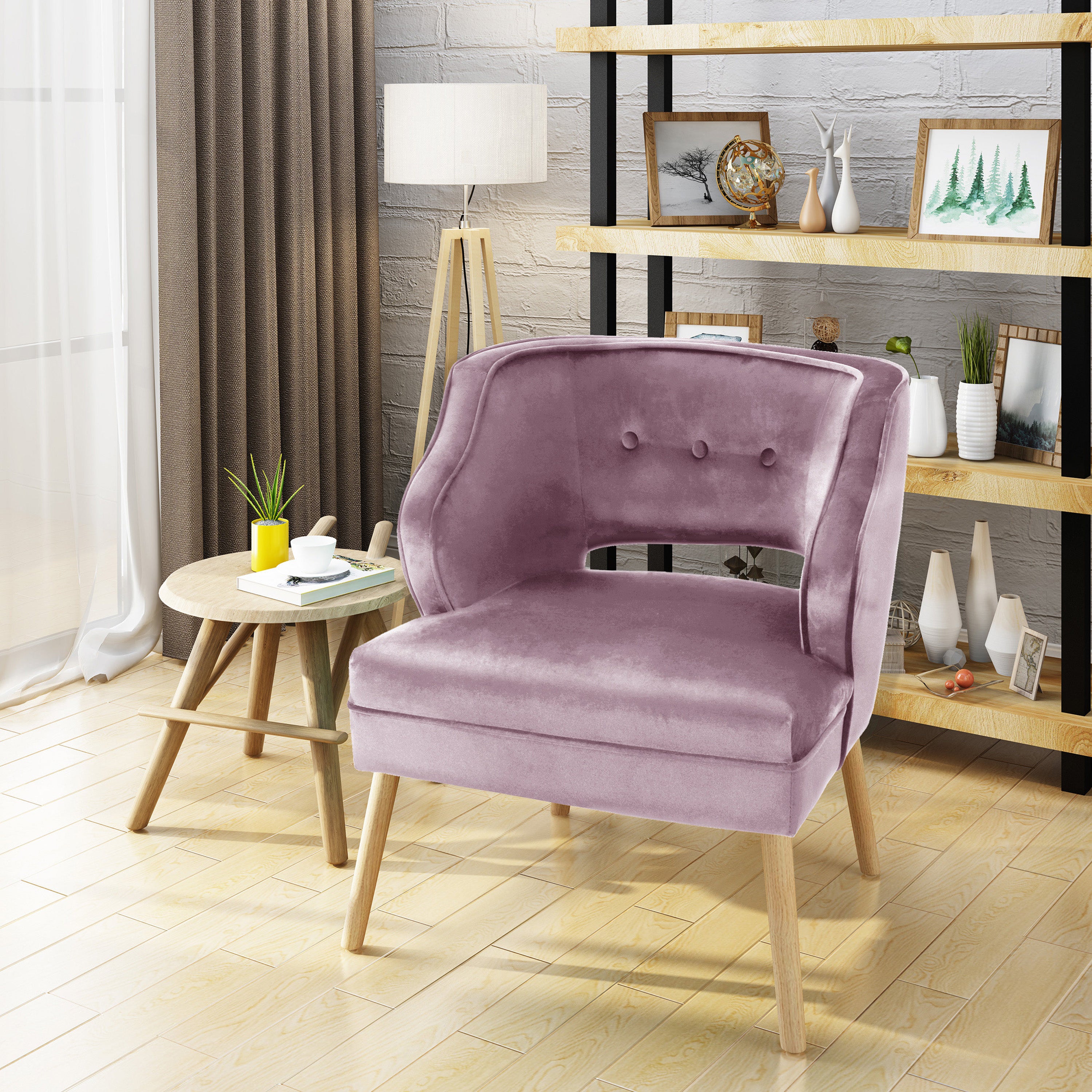 Michaela Mid Century Velvet Tufted Accent Chair, Light Lavender--1