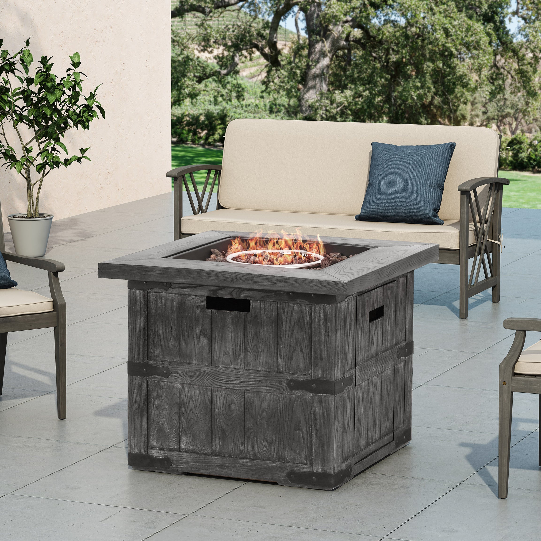 Outdoor Patio 24.5" H x 30" W Square Gas Burning Concrete Fire Pit - 40, 000 BTU, Fire Pit Table with Tank inside, Grey--1