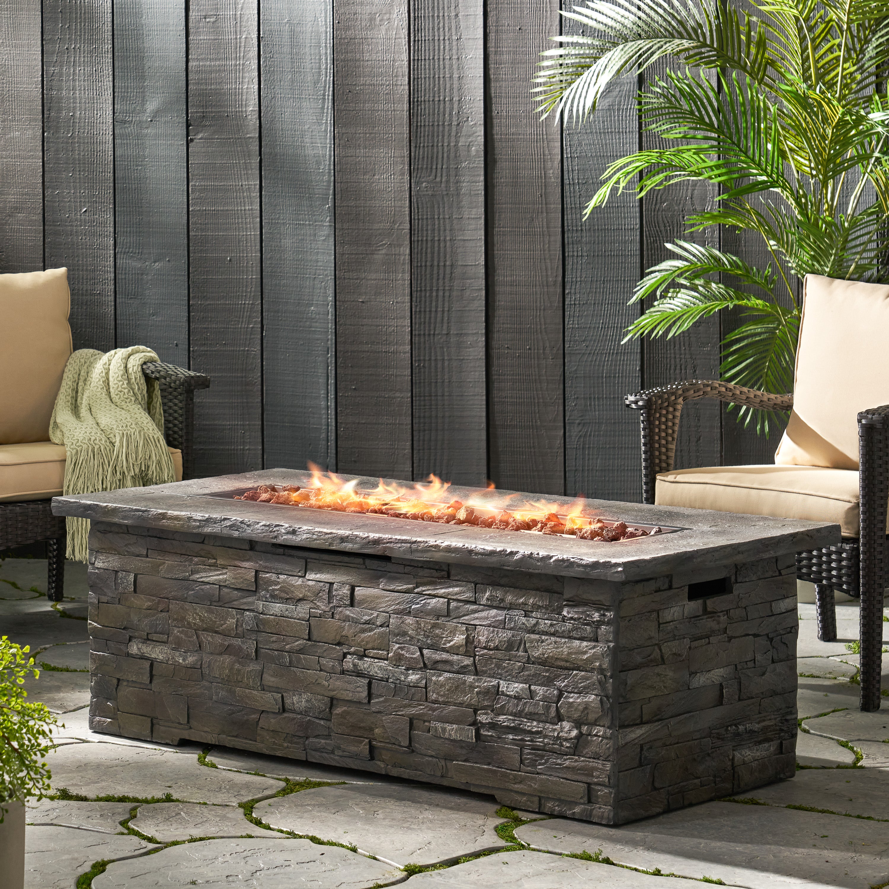 Outdoor Patio Concrete Fire table, Rectangle Gas Burning 56-Inch Fire Pit - 50, 000 BTU, Stone Pattern Fire Table, Grey--1