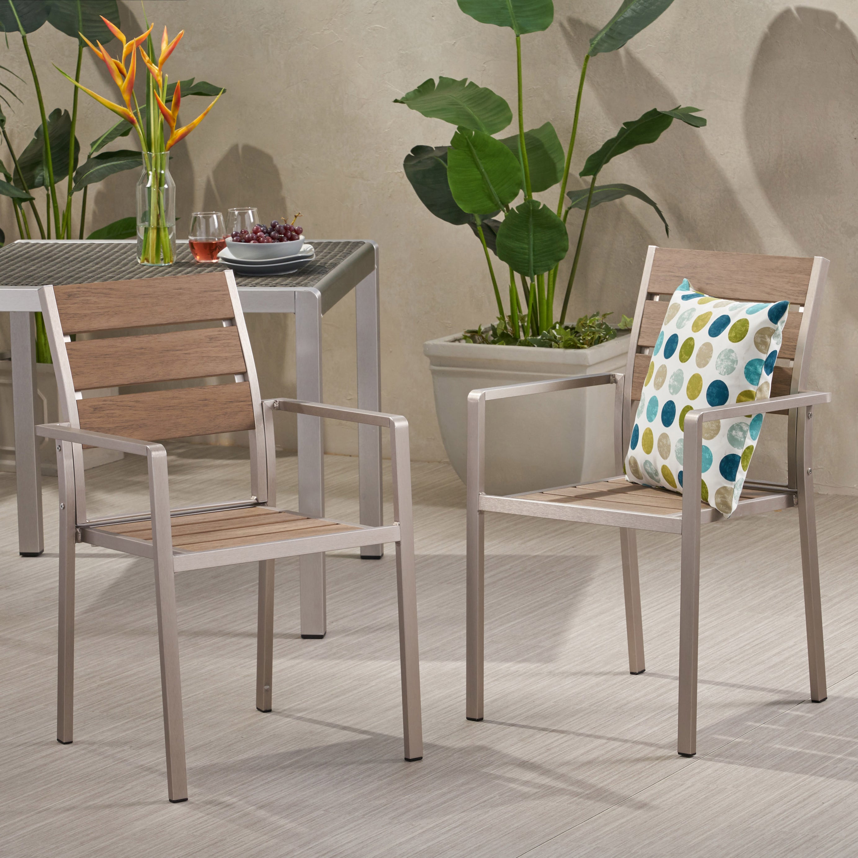 Outdoor Modern Aluminum Dining Chair with Faux Wood Seat (Set of 2), Natural and Silver--1