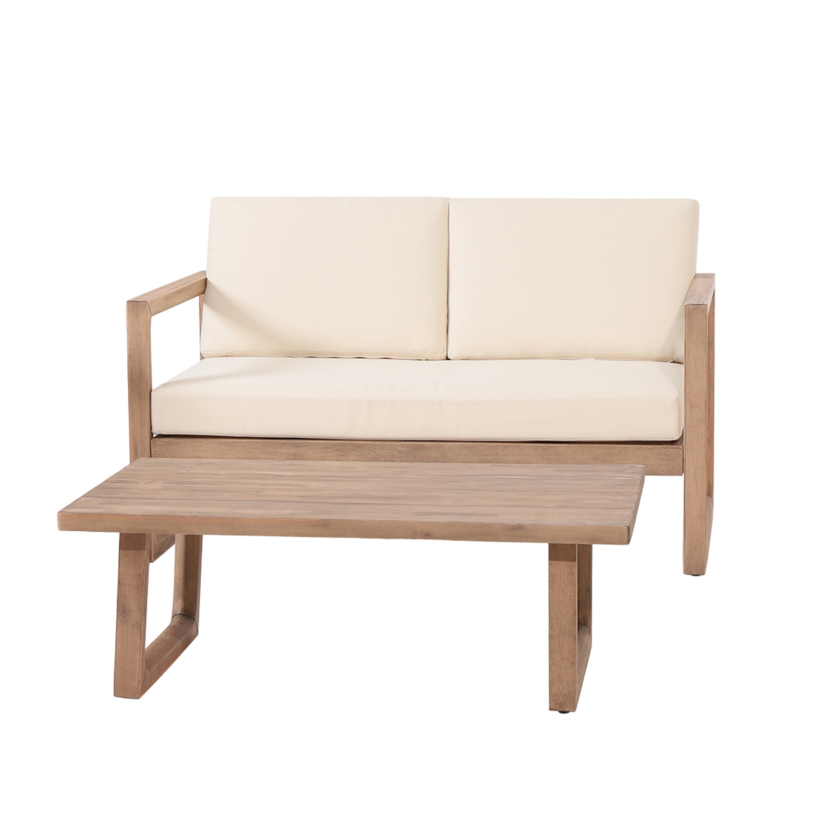 Outdoor Acacia Wood Loveseat and Coffee Table Set with Cushions, Brown Wash, Beige--1