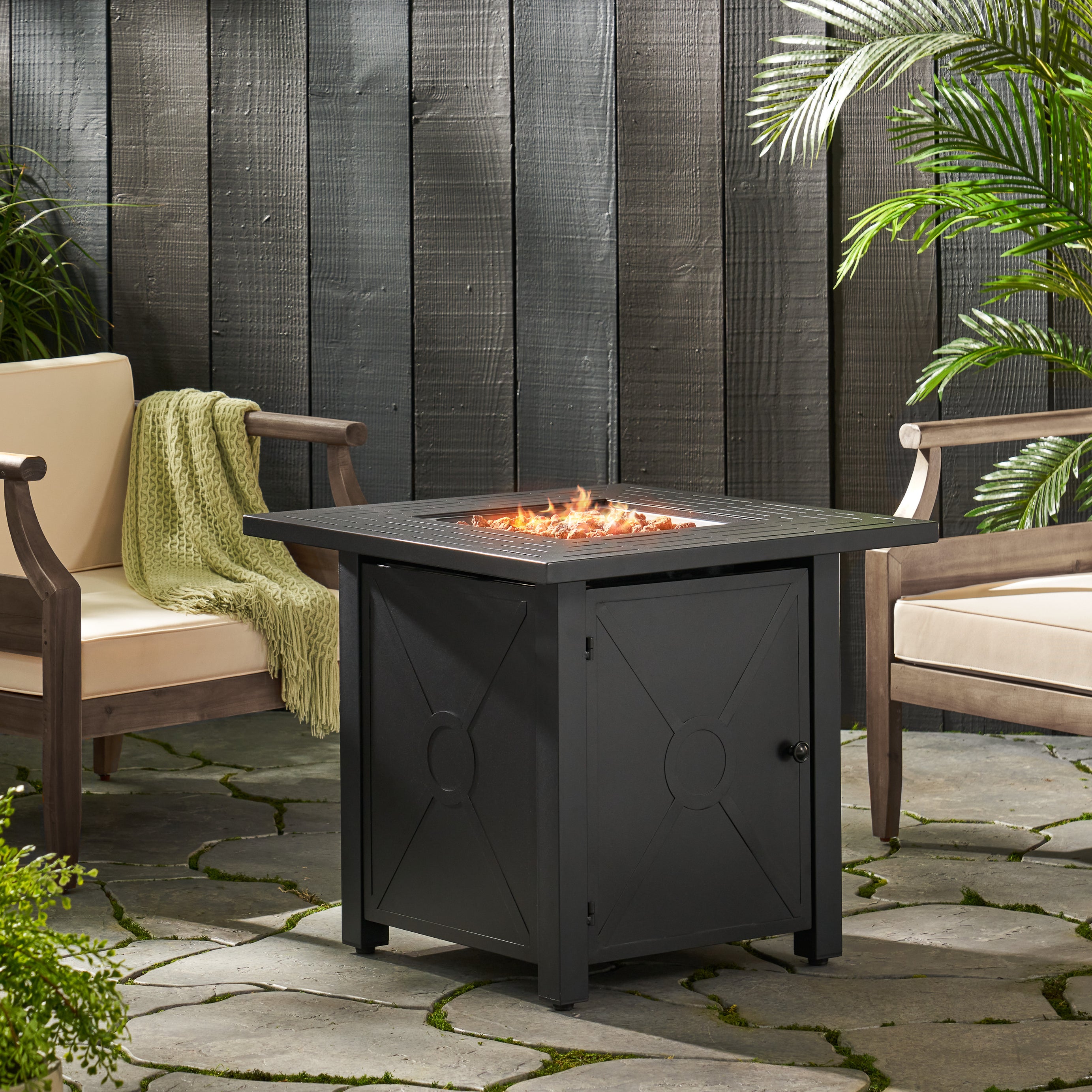 Outdoor Patio Propane Fire Pit 24.5'' H x 28'' W Square Iron Gas-burning Fire Table - 40,000 BTU, Tank in side, Black--1