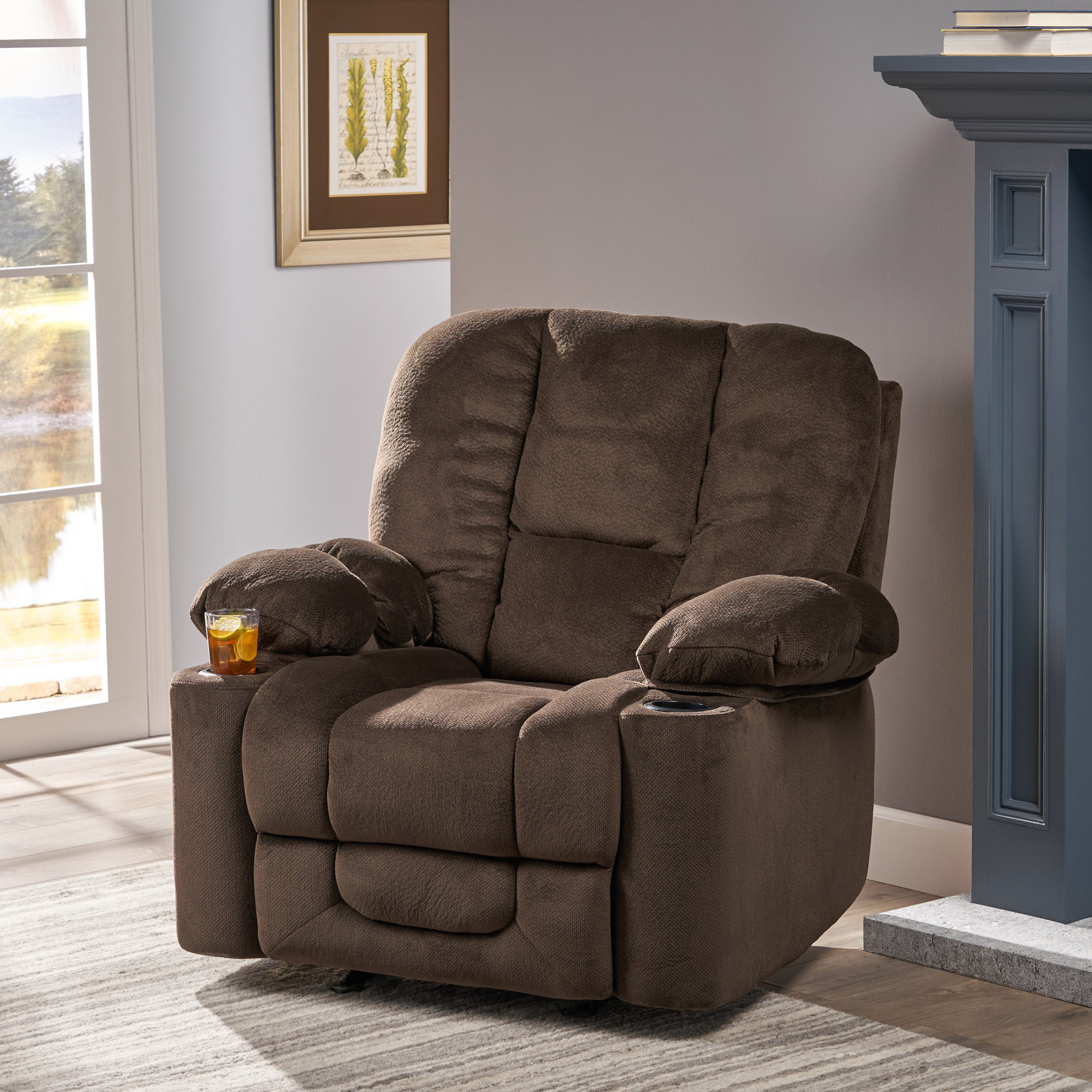 Luxurious Manual Recliner Chair in  Chocolate with Skin-Friendly Fabric and Dual Cup Holders--1