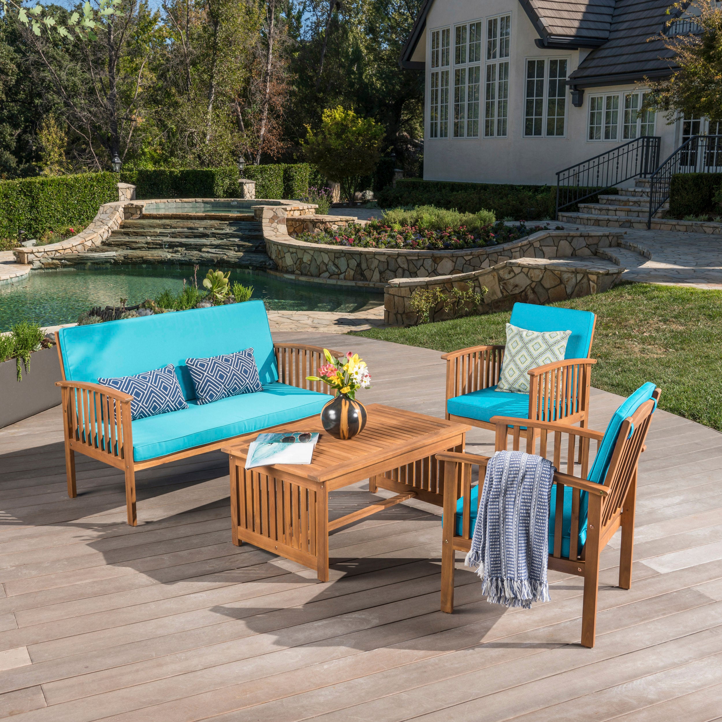 Outdoor Acacia Wood Sofa Set with Water Resistant Cushions, 4-Pcs Set, Brown Patina / Teal--1